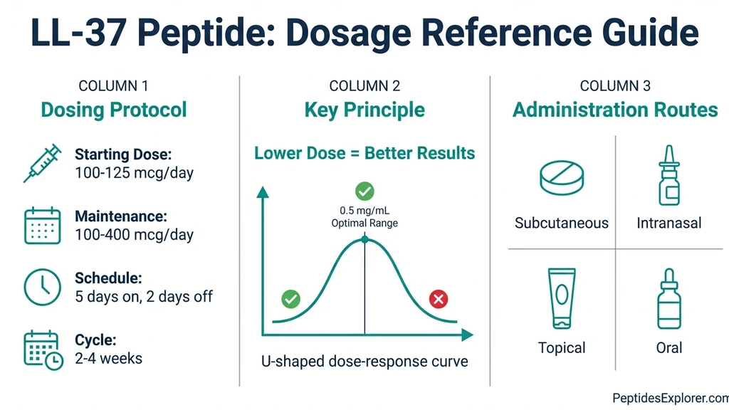 LL-37 peptide dosage guide showing subcutaneous injection protocol, reconstitution calculations, and the inverted dose-response curve