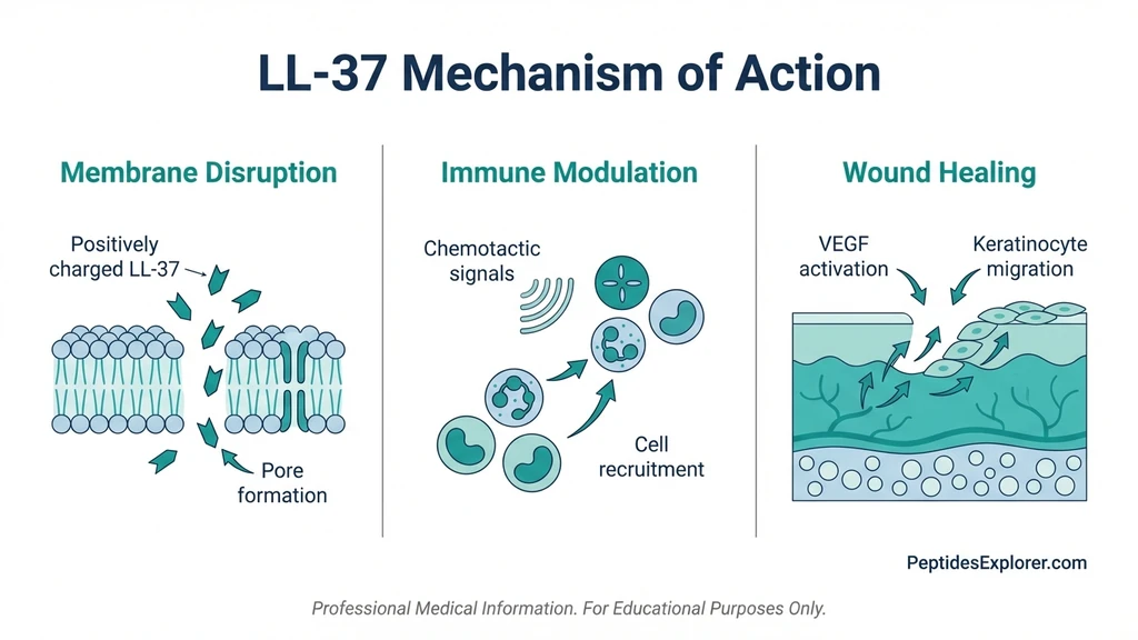 LL-37 peptide mechanism of action diagram showing membrane disruption, immune modulation, and wound healing pathways