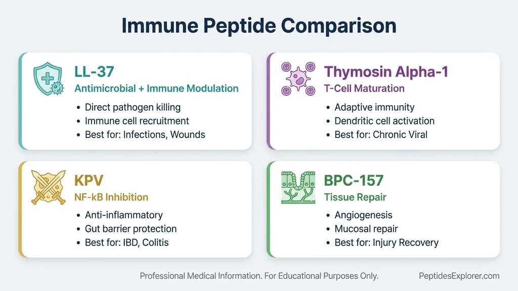 LL-37 vs Thymosin Alpha-1 vs KPV vs BPC-157 peptide comparison infographic showing primary actions, use cases, and stacking synergy