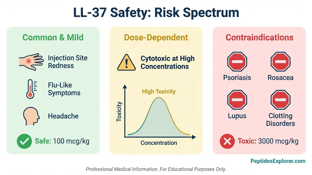 LL-37 peptide side effects and safety risk spectrum showing common reactions, dose-dependent toxicity, and contraindications
