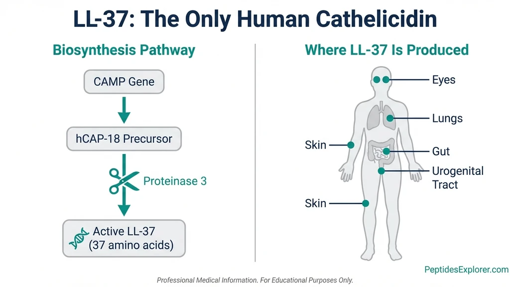 Diagram of LL-37 production from hCAP-18 precursor and its distribution across human tissues