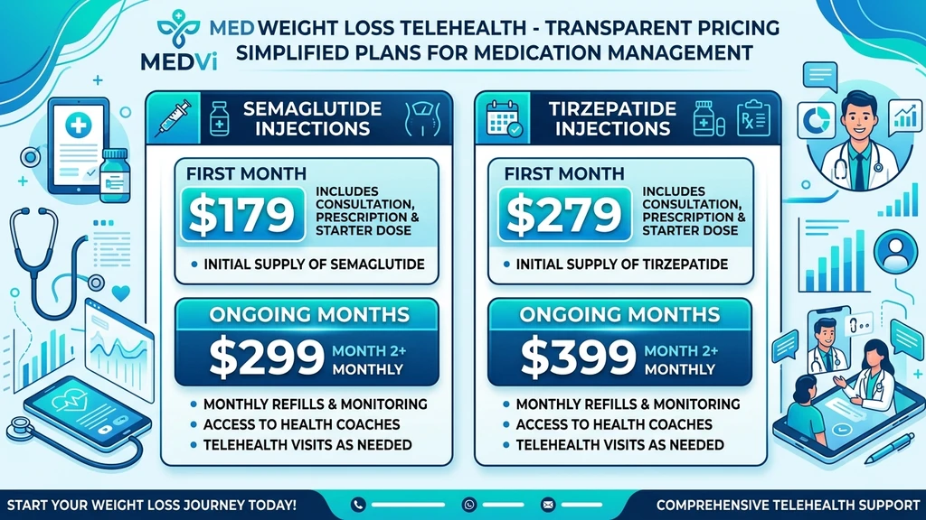 MEDVi pricing breakdown: semaglutide $179 first month then $299 ongoing, tirzepatide $279 first month then $399 ongoing