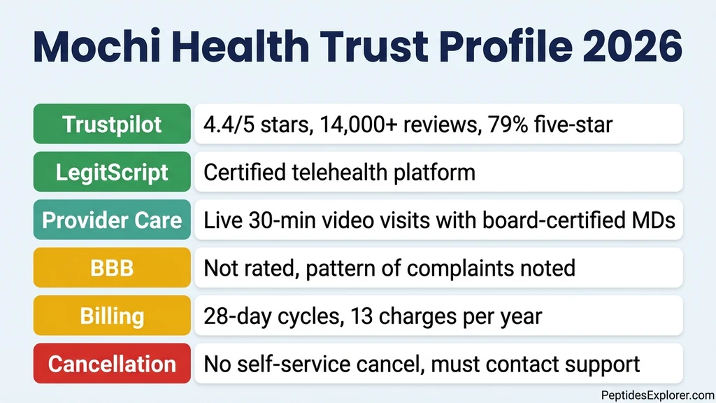 Mochi Health trust profile: Trustpilot 4.4 stars, LegitScript certified, BBB complaints noted