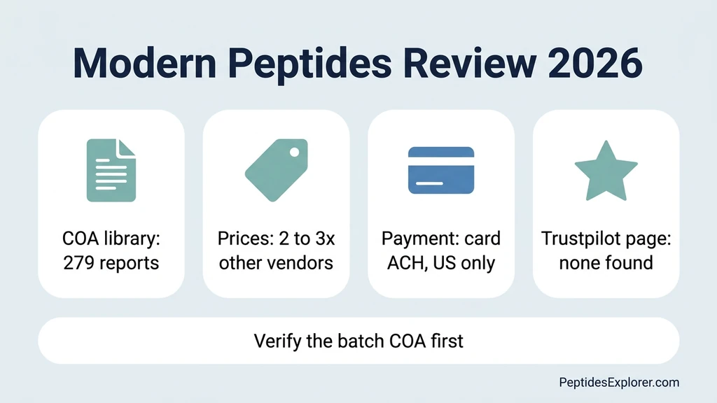 Modern Peptides review scorecard: company check, COA library, pricing versus rivals, Reddit and Trustpilot sentiment