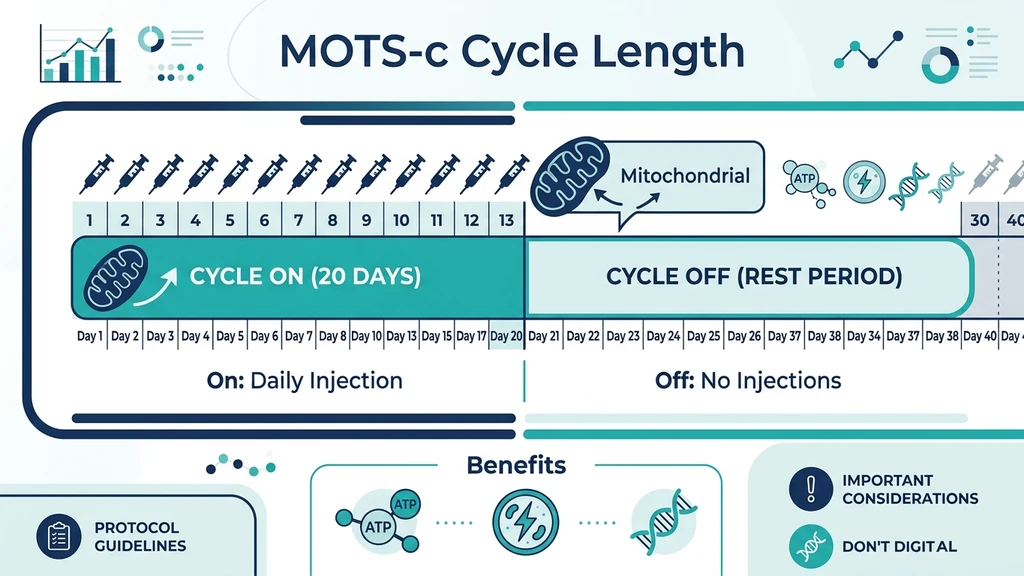 MOTS-c cycle length guide showing typical protocol durations and on/off scheduling