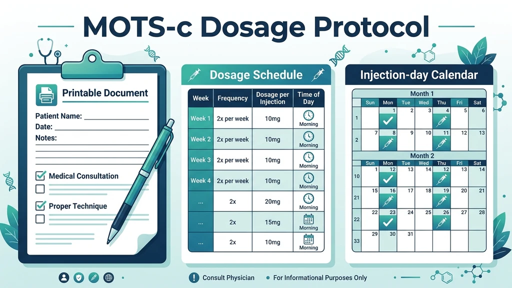 Printable MOTS-c dosage protocol chart showing phases, doses, injection days, and timing across a full cycle