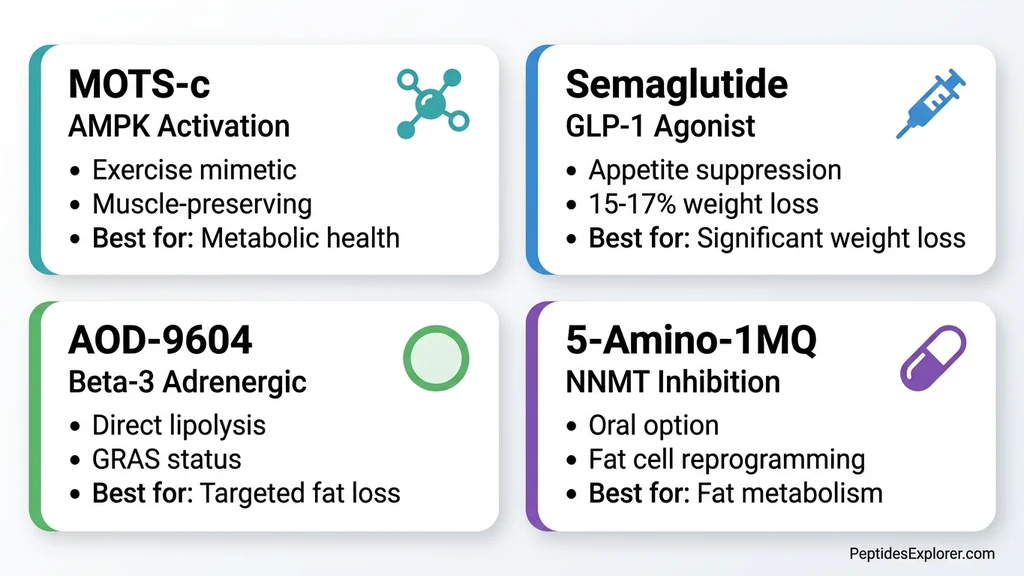 MOTS-c vs semaglutide vs AOD-9604 vs 5-Amino-1MQ comparison chart