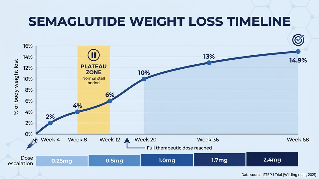 Semaglutide weight loss timeline showing expected progress from week 4 to week 68