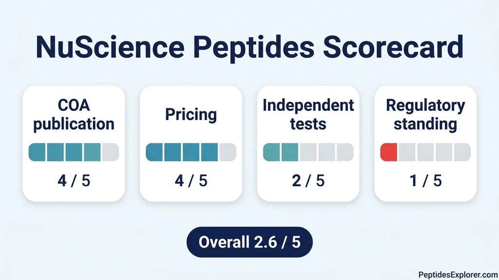 NuScience Peptides review scorecard: FDA warning letter, COA audit, independent retest results