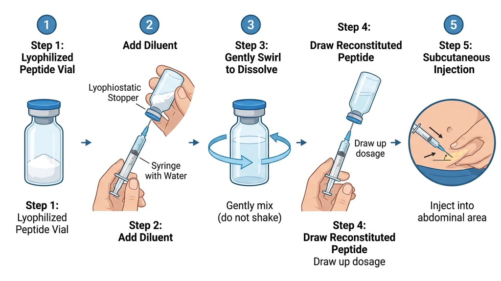 Peptide reconstitution diagram showing vial, syringe, and measurement steps