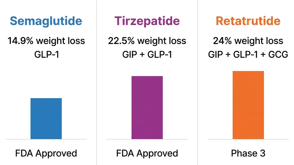 Weight loss peptide comparison chart showing semaglutide vs tirzepatide vs retatrutide efficacy data