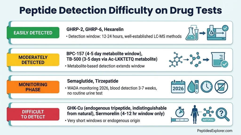 Peptide drug test detection tiers from easily detected GH secretagogues to undetectable endogenous peptides
