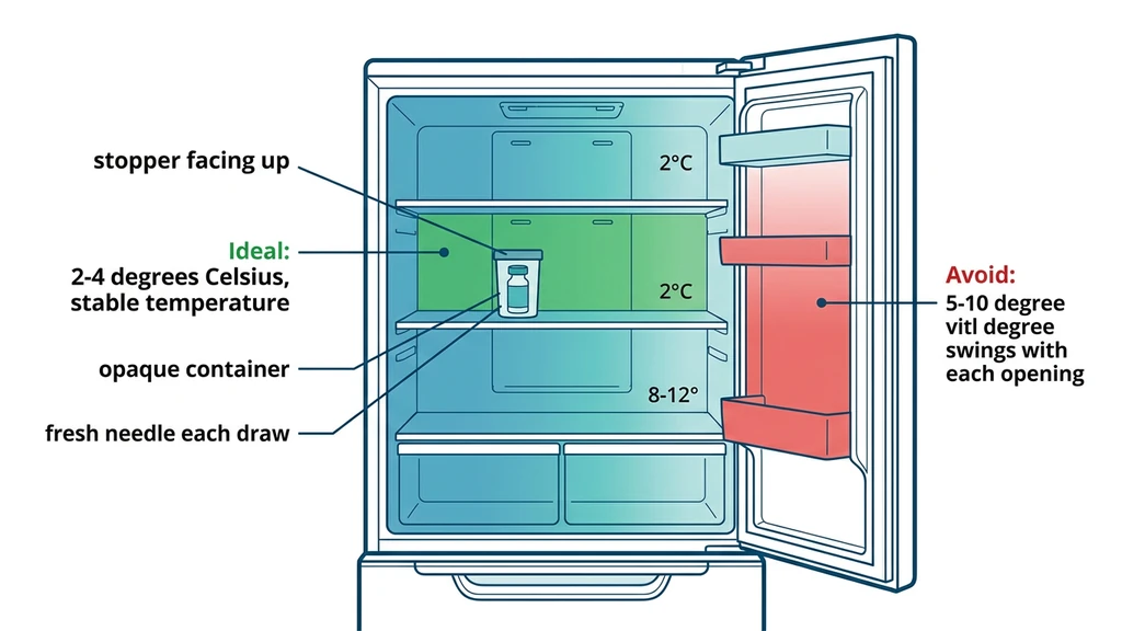 Correct peptide vial refrigerator storage: back of middle shelf, upright position, opaque container