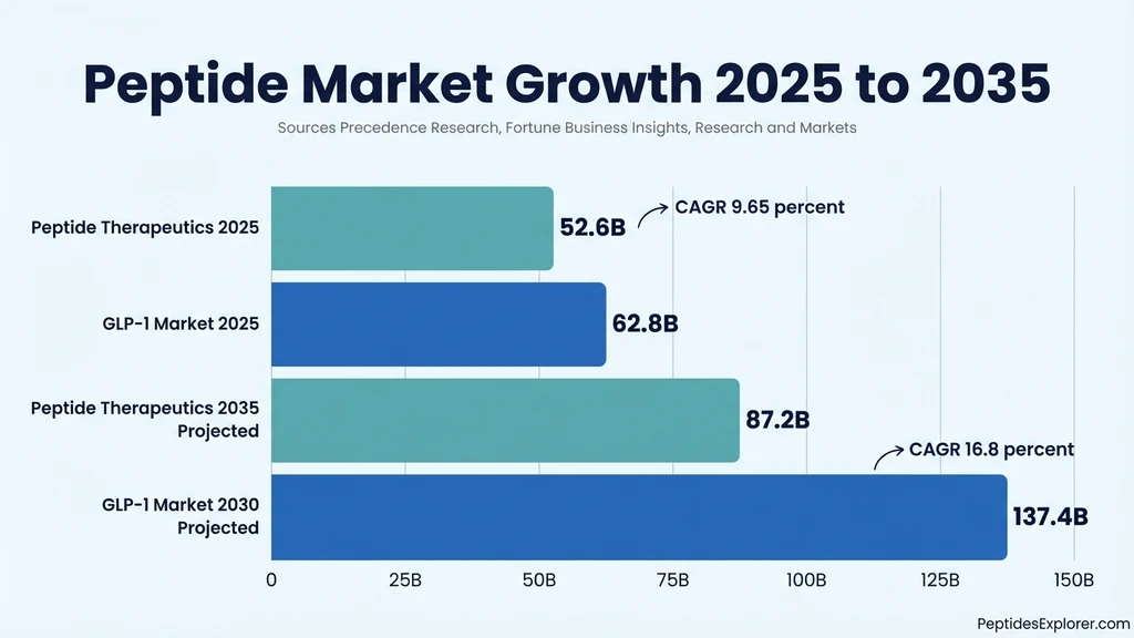 Peptide market growth infographic showing $52.6 billion in 2025 projected to $87.2 billion by 2035, with GLP-1 segment at $62.8 billion
