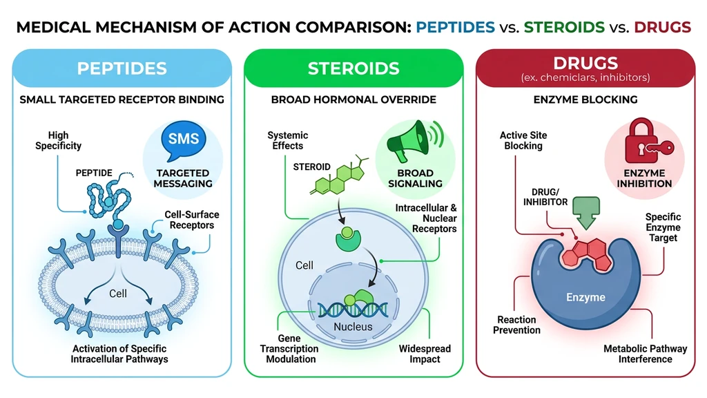 How peptides differ from steroids and drugs: targeted receptor binding vs broad hormonal override