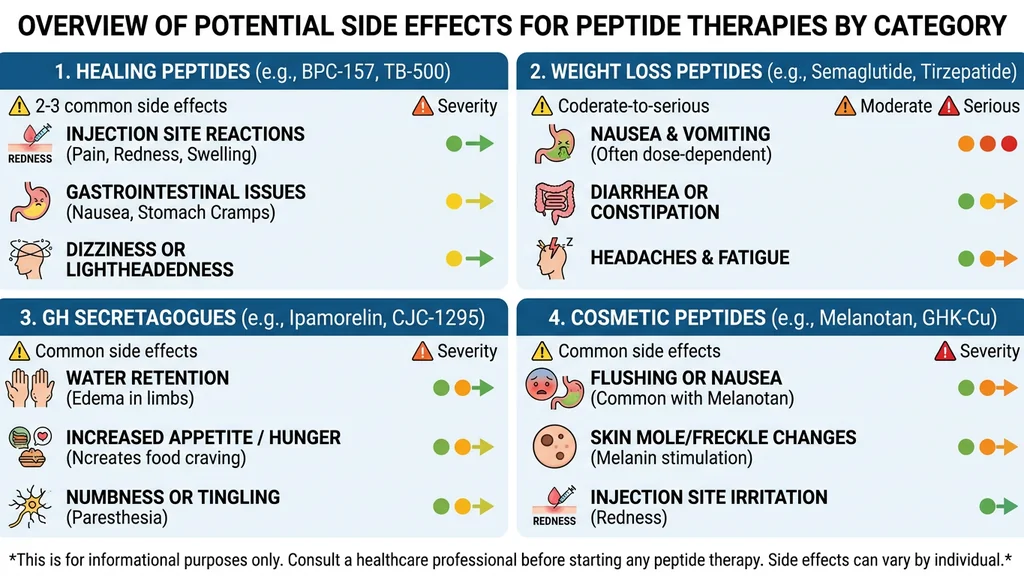 Peptide side effects organized by class: healing, weight loss, GH secretagogues, cosmetic, and immune peptides