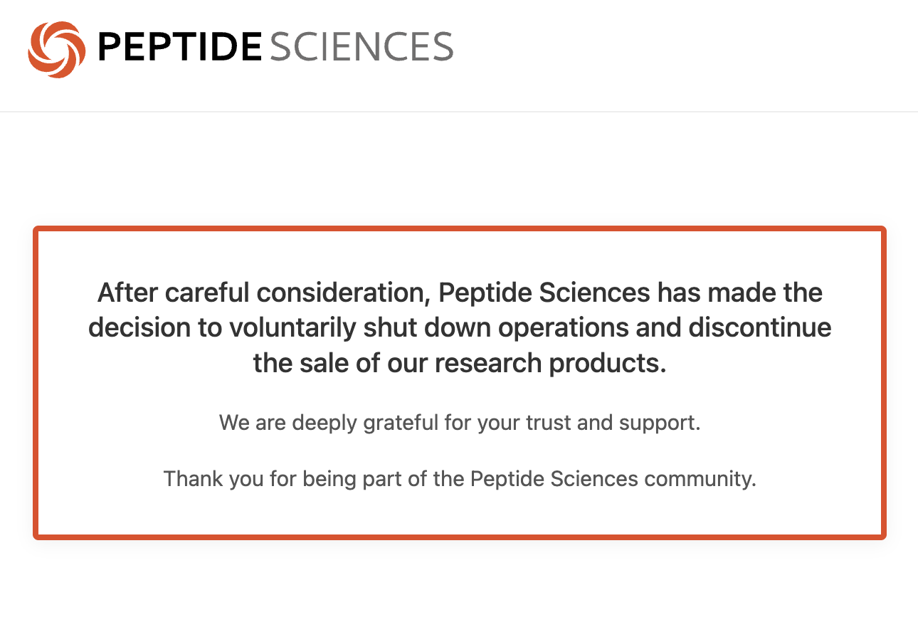 Peptide Sciences shutdown notice: the company voluntarily ceased operations in March 2026