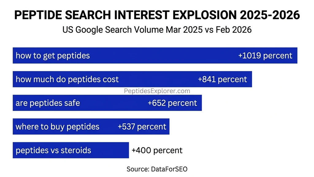 Peptide search trends growth chart: are peptides safe +652%, how to get peptides +1019%, where to buy peptides +537%