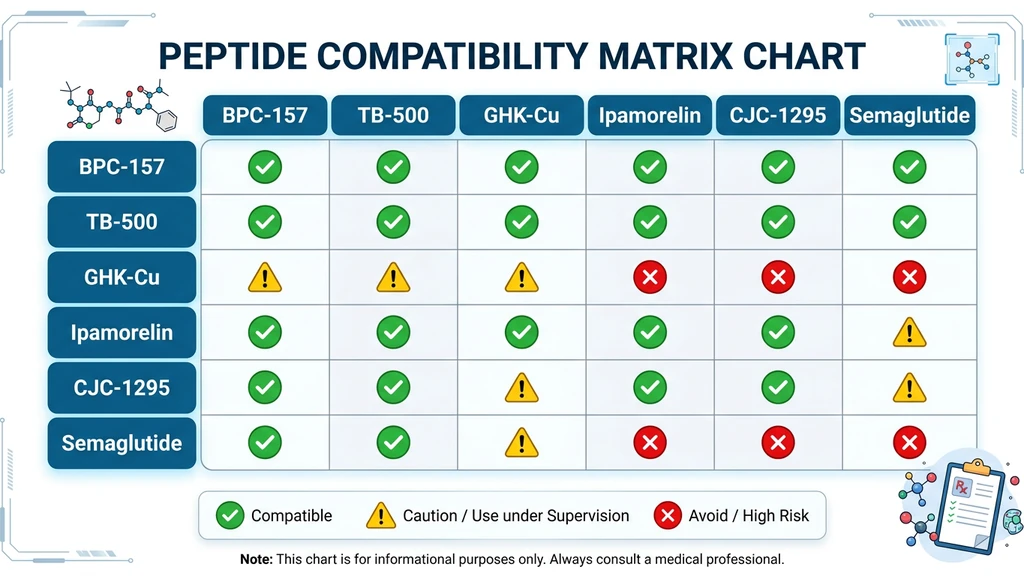 Peptide compatibility matrix showing which peptides can be safely combined