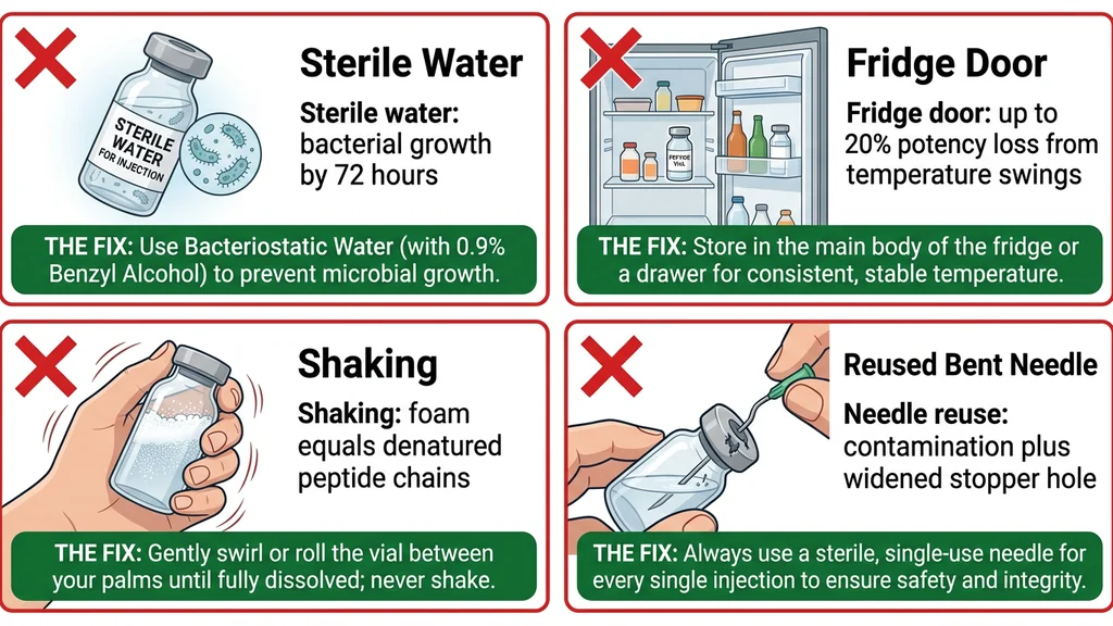 Four common reconstituted peptide storage mistakes: sterile water, fridge door, shaking, needle reuse