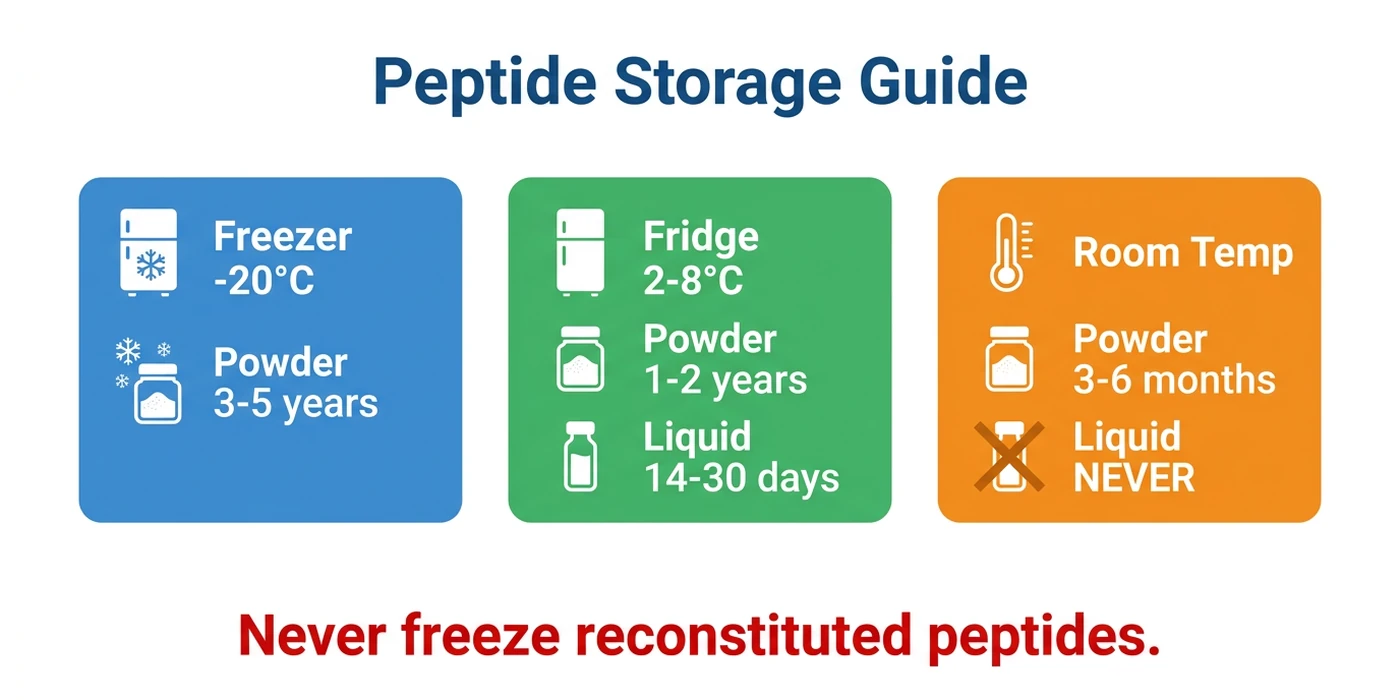 Peptide storage temperature guide infographic showing freezer, refrigerator, and room temperature zones with shelf life