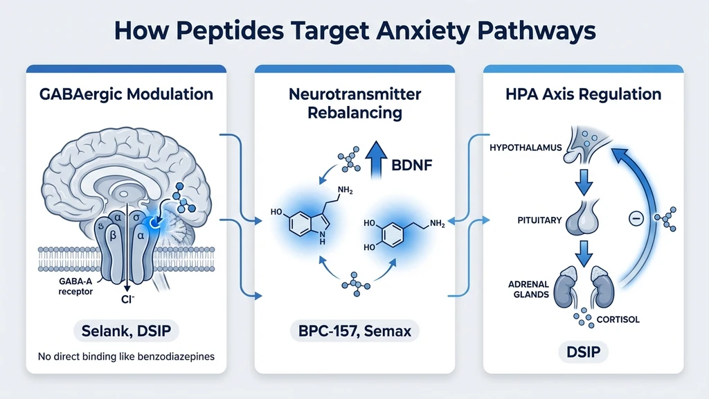 Diagram showing three anxiety pathways targeted by peptides: GABAergic modulation, neurotransmitter rebalancing, and HPA axis regulation