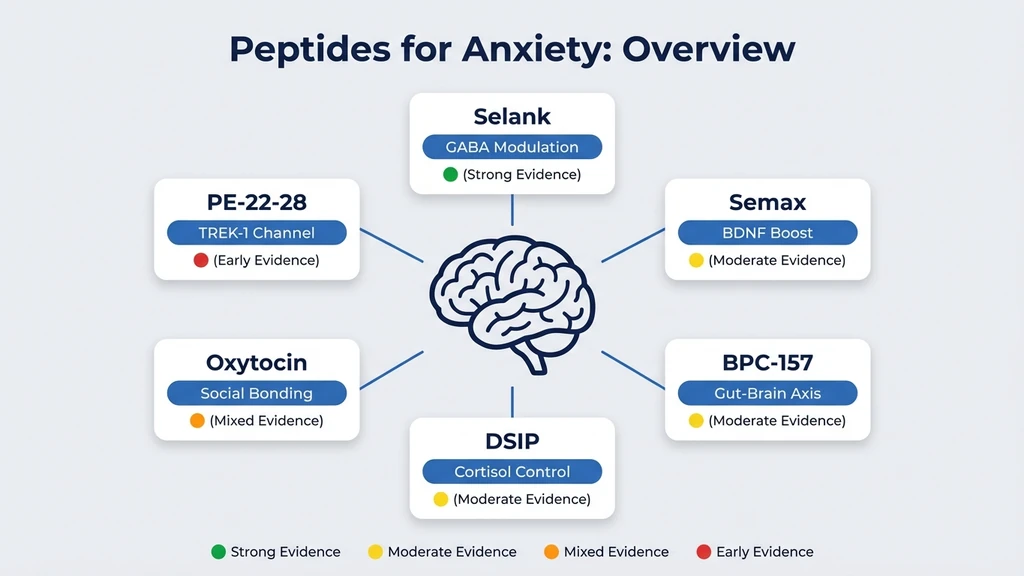 Overview of 6 peptides for anxiety with evidence ratings: Selank, Semax, BPC-157, DSIP, Oxytocin, PE-22-28