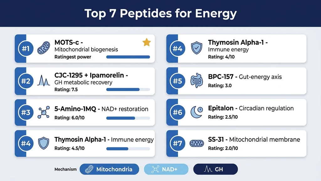 Peptide energy ranking infographic comparing MOTS-c, CJC-1295 + ipamorelin, 5-Amino-1MQ, thymosin alpha-1, BPC-157, epitalon, and SS-31