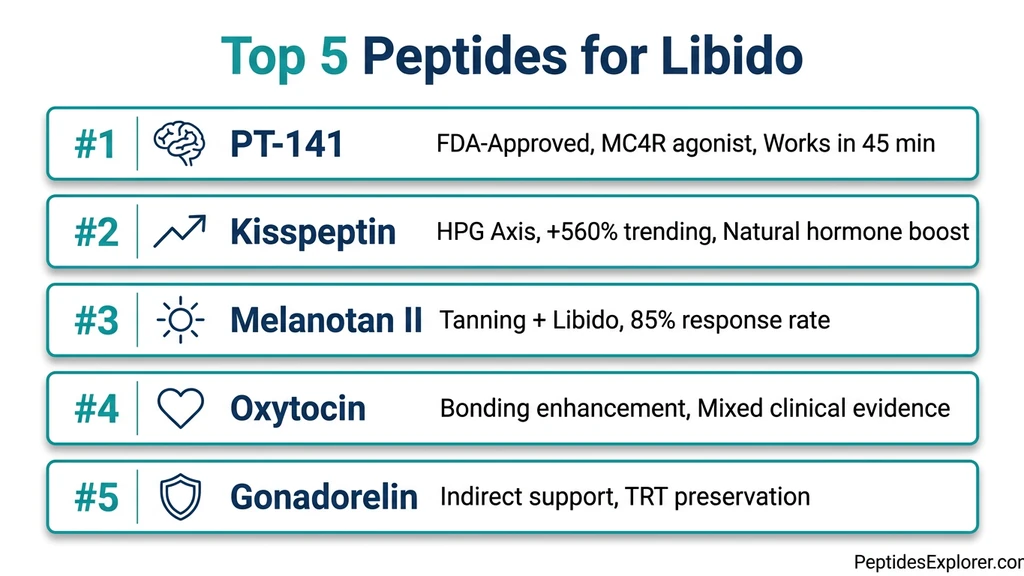 Top 5 peptides for libido ranked by clinical evidence: PT-141, Kisspeptin, Melanotan II, Oxytocin, and Gonadorelin