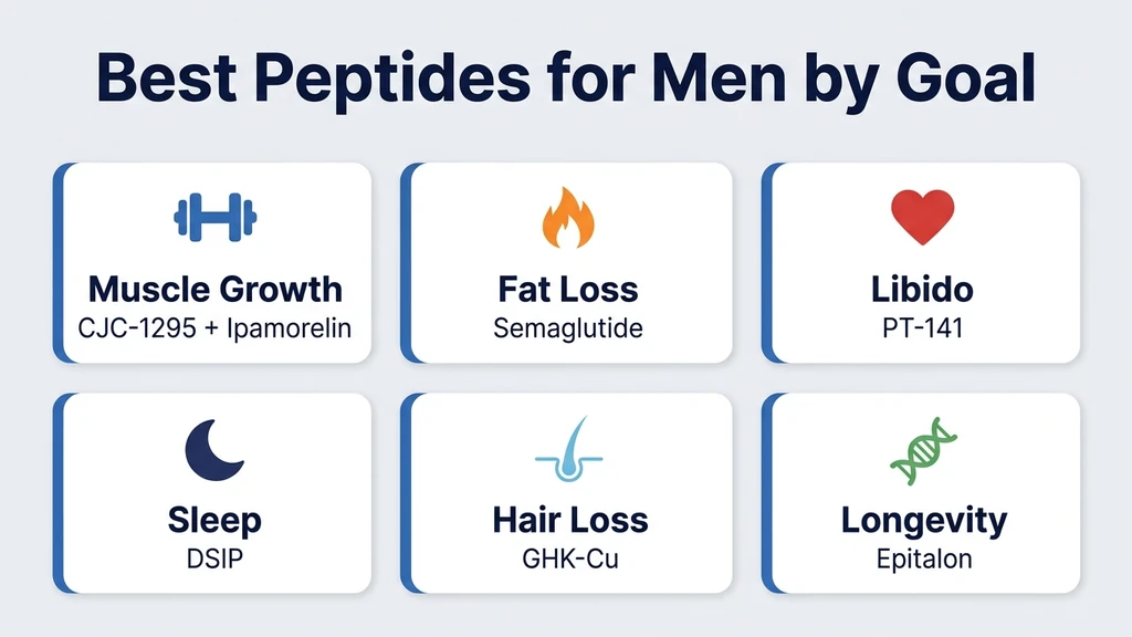 Best peptides for men by goal showing muscle growth, fat loss, libido, sleep, hair loss, and longevity options