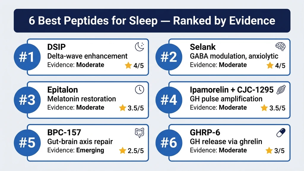 Sleep peptide ranking infographic comparing DSIP, Selank, Epitalon, ipamorelin, BPC-157, and GHRP-6