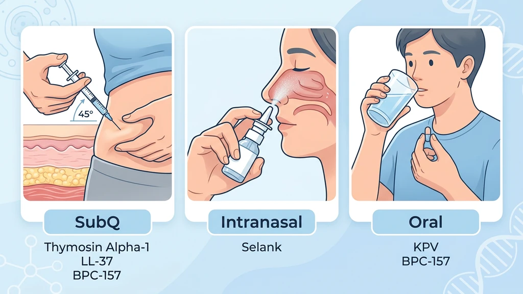 Three peptide administration routes: subcutaneous injection, intranasal spray, and oral capsule for immune peptides