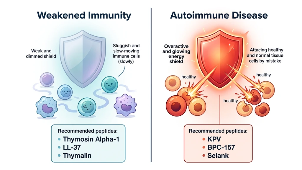 Comparison of weakened immunity versus autoimmune disease showing which immune peptides to use for each condition