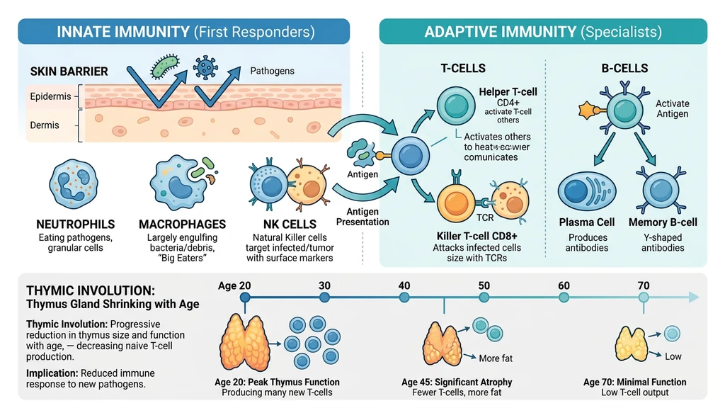 Innate and adaptive immune system diagram showing T-cells, B-cells, NK cells, and their roles in immune defense