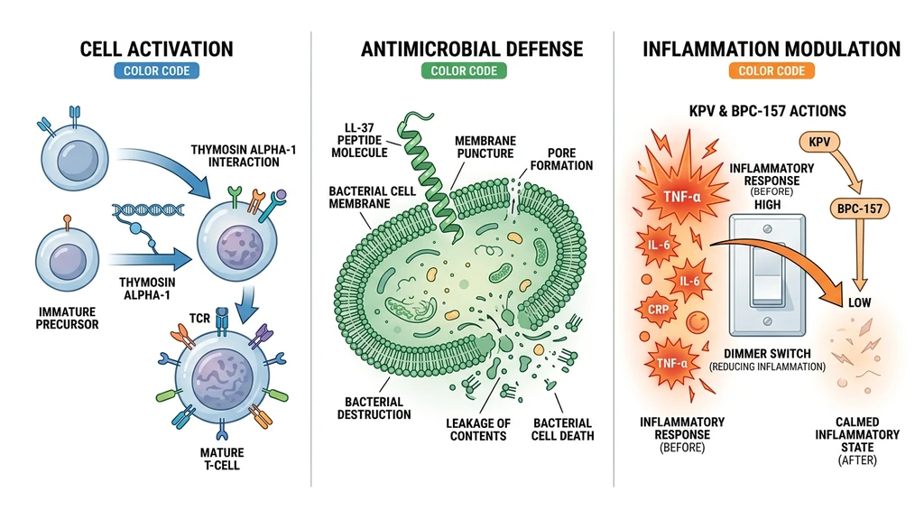 Three immune peptide mechanisms: direct cell activation, antimicrobial defense, and inflammation modulation pathways