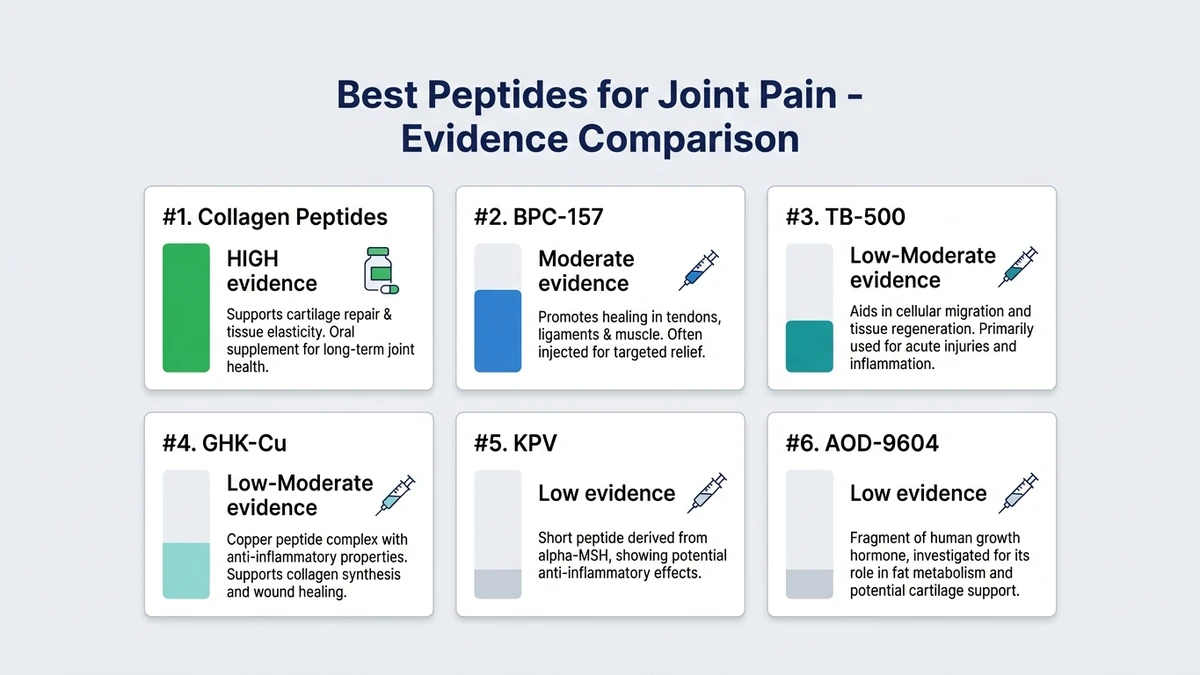 Comparison of 6 best peptides for joint pain ranked by evidence strength