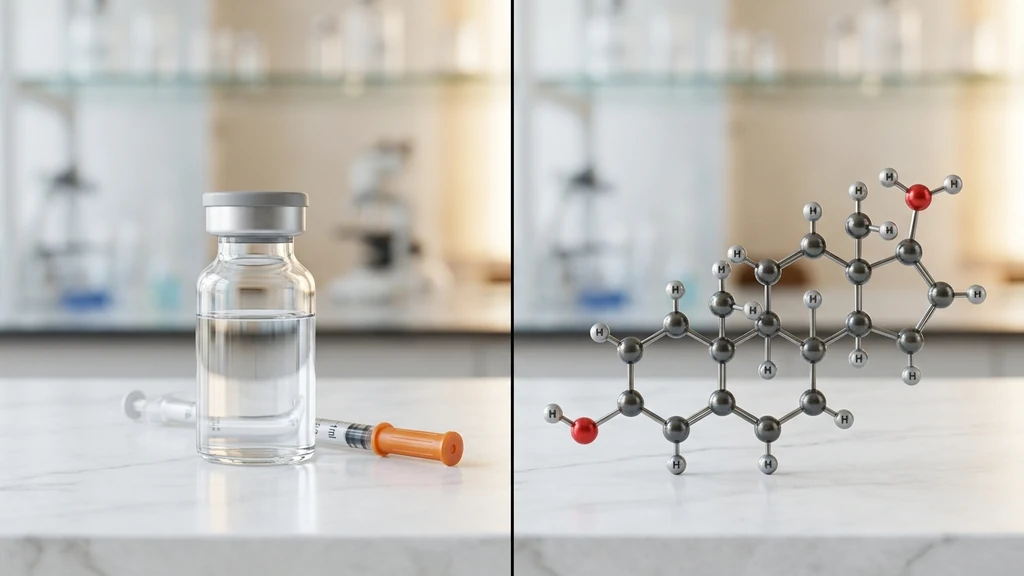 Peptides vs steroids comparison: peptide vial and steroid molecular structure side by side