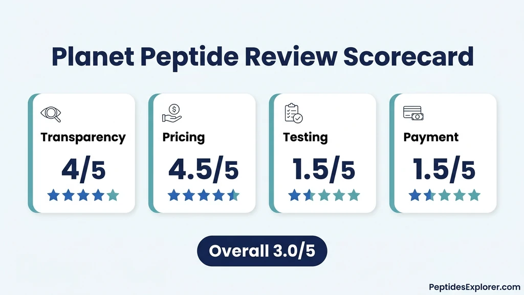 Planet Peptide review scorecard: domain check, pricing, COA policy and community test results