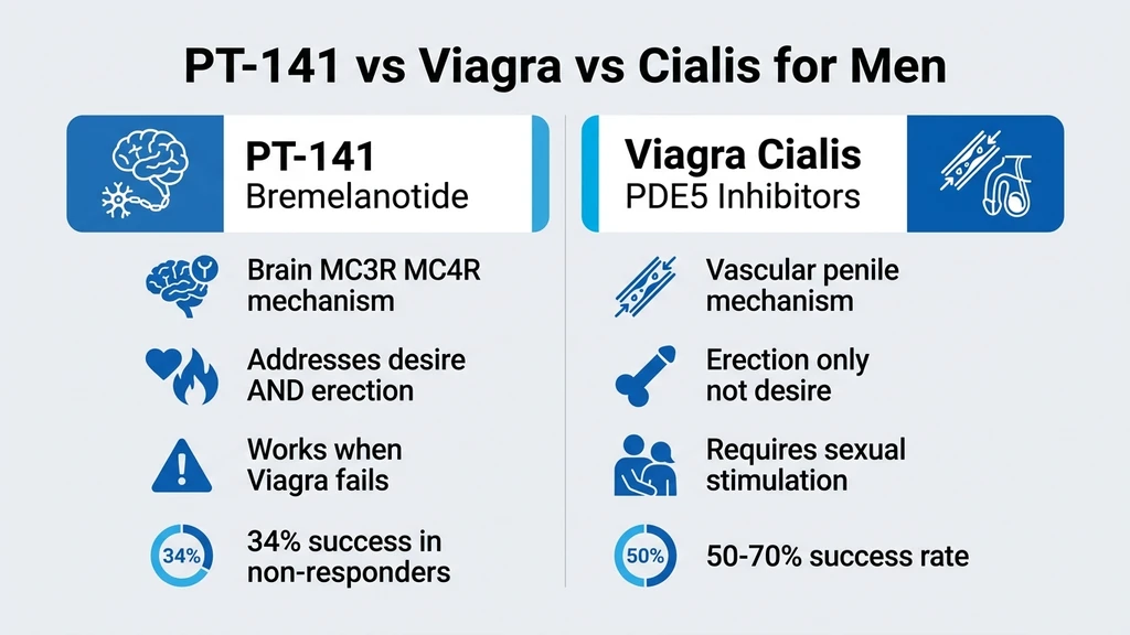 PT-141 vs Viagra vs Cialis: brain mechanism vs vascular mechanism comparison