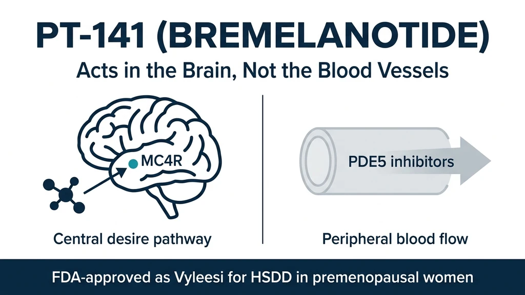 PT-141 peptide vial and syringe beside a diagram of melanocortin-4 receptor activation in the hypothalamus