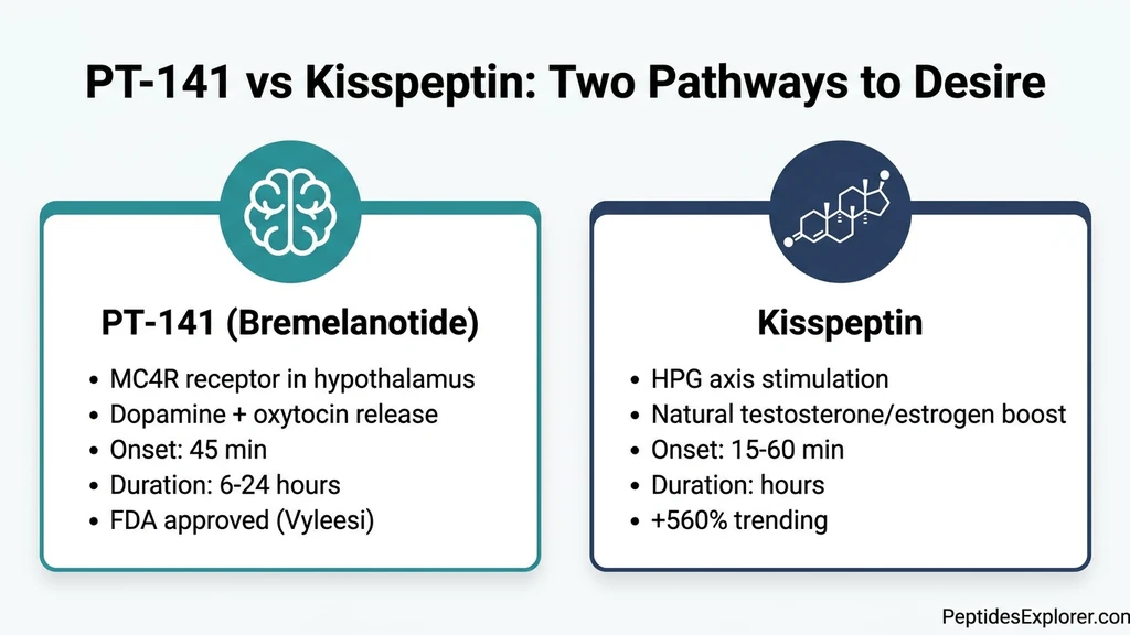 PT-141 vs Kisspeptin comparison: mechanism, evidence level, onset, duration, and side effects