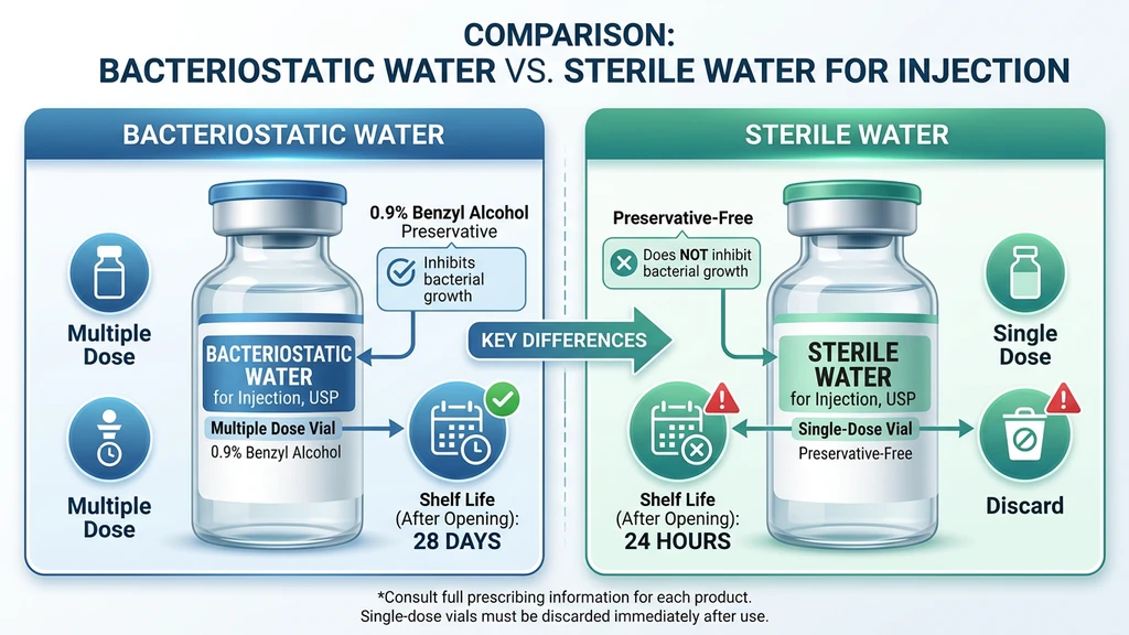 Side-by-side comparison of bacteriostatic water and sterile water vials with shelf life labels