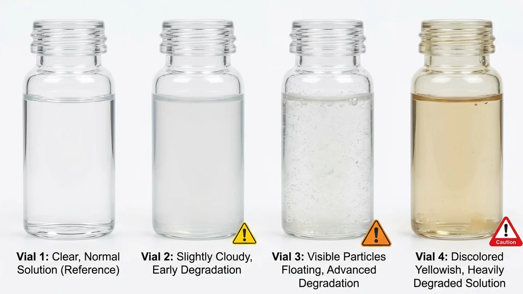 Visual guide showing clear vs degraded peptide solutions including cloudiness, particles, and discoloration