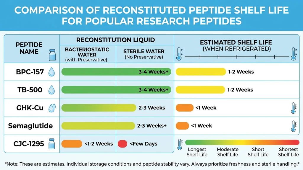 Comparison chart showing reconstituted shelf life for popular research peptides