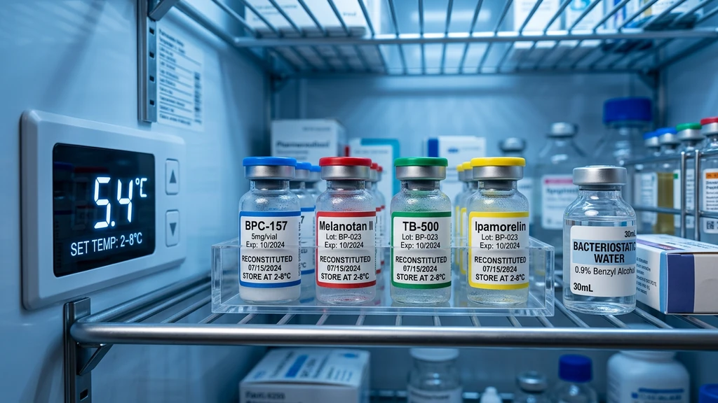 Reconstituted peptide vials stored in a refrigerator with temperature labels