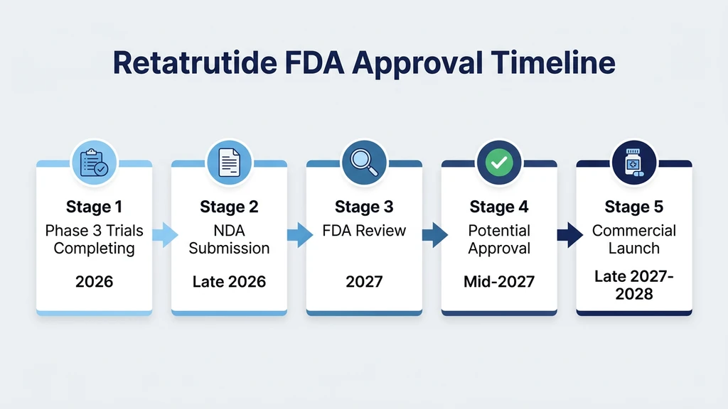 Retatrutide FDA approval timeline from Phase 3 trials in 2026 to commercial launch in 2028