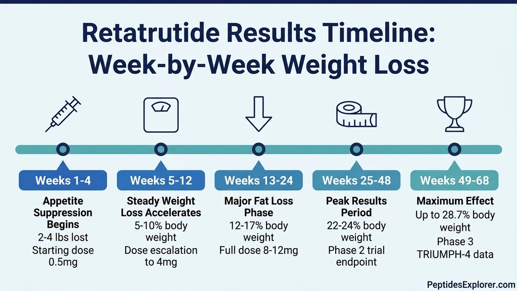 Retatrutide results timeline showing week-by-week weight loss from appetite changes to peak results