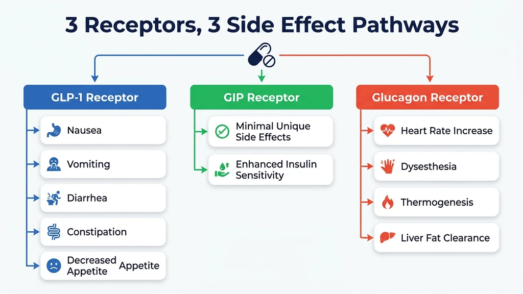 Retatrutide triple mechanism: GLP-1 causes GI effects, GIP enhances insulin, Glucagon drives heart rate and dysesthesia