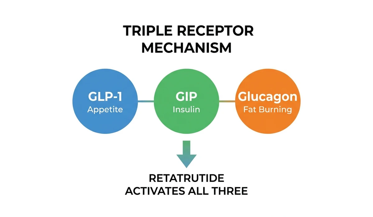 Retatrutide triple receptor mechanism: GLP-1 for appetite, GIP for insulin, Glucagon for fat burning