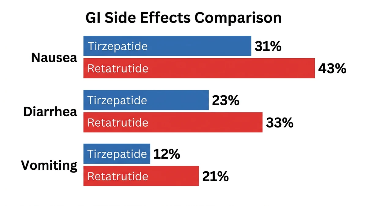 GI side effects comparison: Nausea (Tirzepatide 31% vs Retatrutide 43%), Diarrhea (23% vs 33%), Vomiting (12% vs 21%)